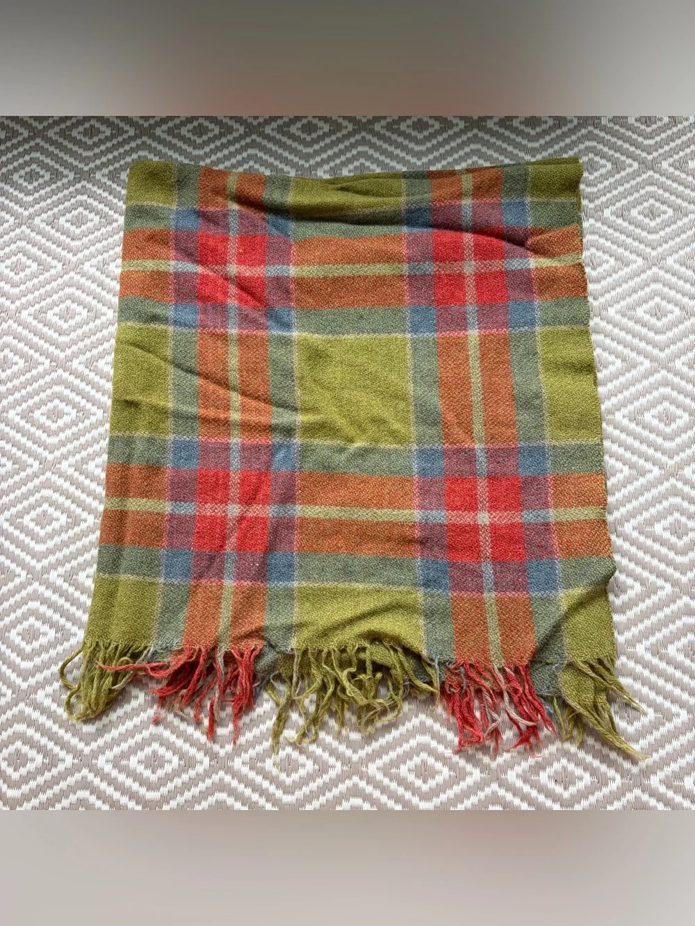 Green Plaid Tartan Woven Wool Mohair Tassel Throw Blanket Vintage